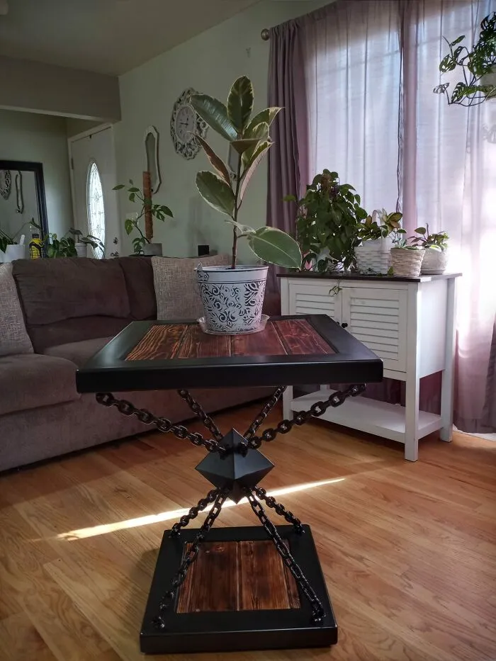 My Husband Is A Welding Fabricator.  He Built Me This Table Out Of Scrap Metal, Chain, And Wood