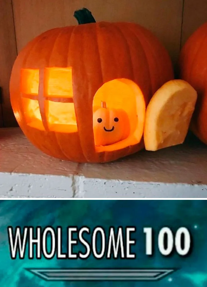 Jack-o'-lantern house with a smiling mini pumpkin inside; text reads "Wholesome 100."