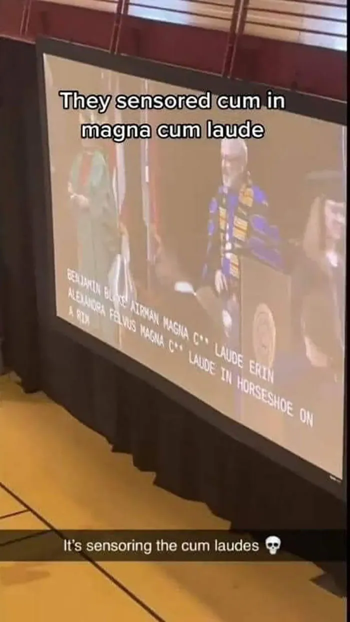 A screen displays censored text from a graduation ceremony, humorously noting "Zoom memes" about the word "cum" being replaced in "magna cum laude."