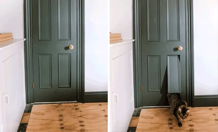 Una puerta de entrada con una puerta secreta para el gatito