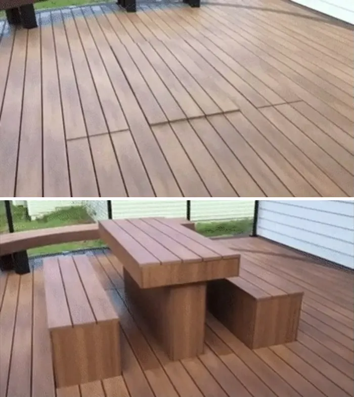 Patio con mesa y bancos ocultos