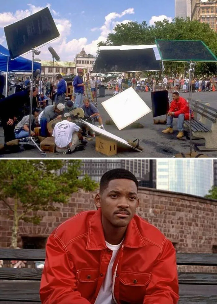 Todo el trabajo que conlleva capturar una foto de Will Smith sentado en un banco. Men In Black (1997)