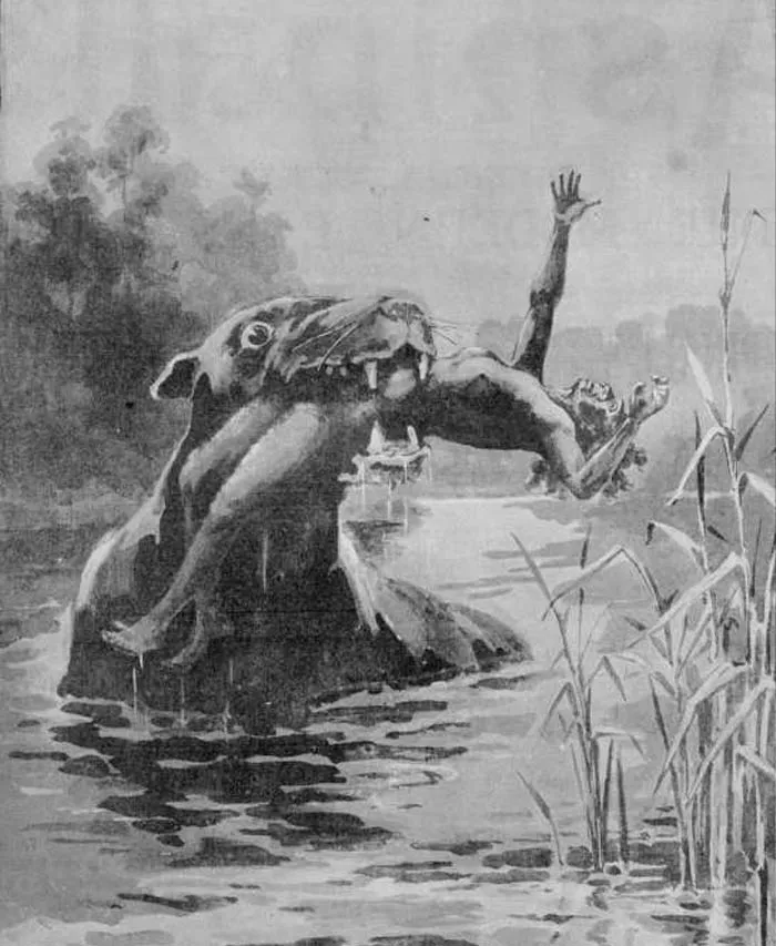 Bunyip eating a human in a lake 