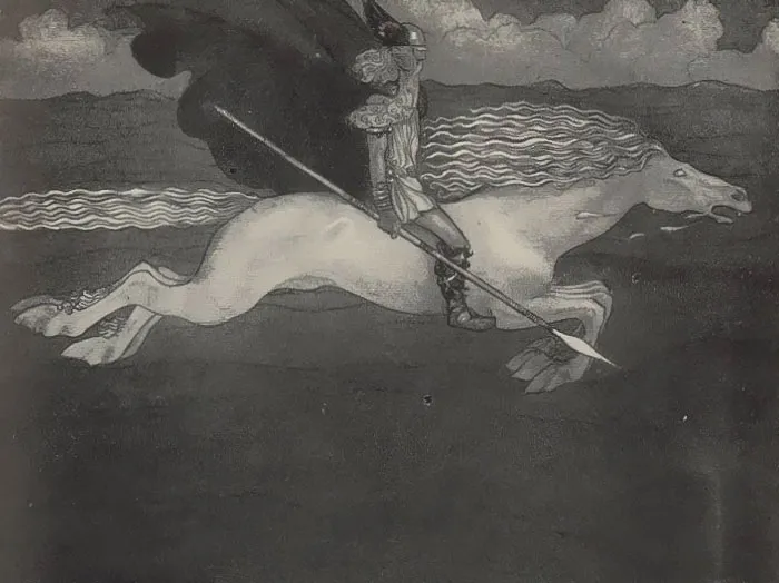 Painting of a knight on a Sleipnir horse 