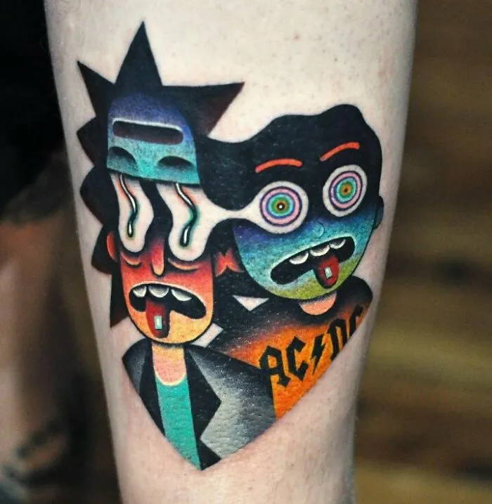Trippy tattoo featuring colorful, abstract faces with melting features on arm.