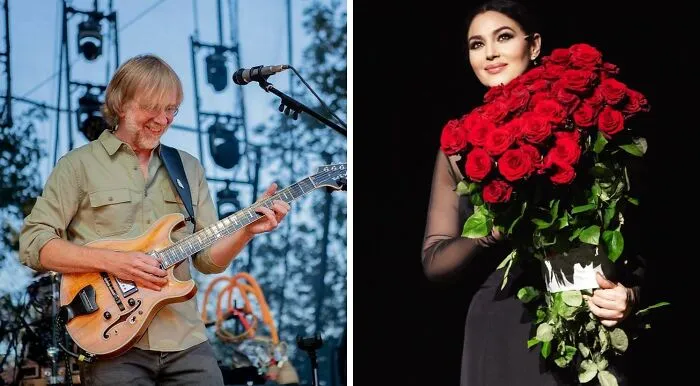 Photo collage of two celebrities representing unexpected matches with the same birthday, one playing guitar and the other holding roses.