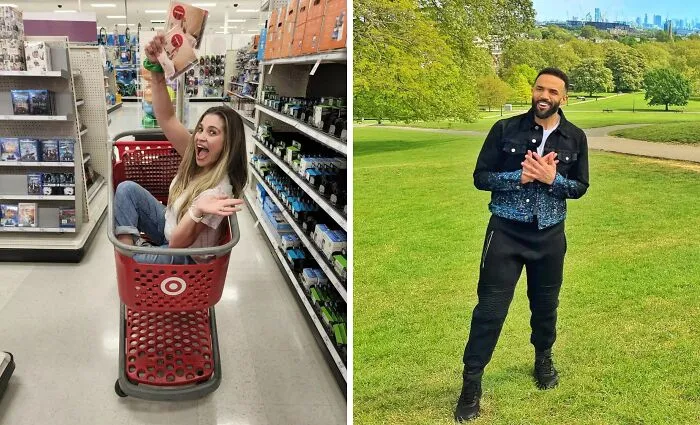 Woman excited in a Target shopping cart and man smiling in a park, illustrating unexpected matches of celebrities with the same birthday.