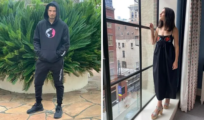 Man and woman posing separately, showcasing unexpected matches of celebrities with the same birthday in casual and stylish outfits.