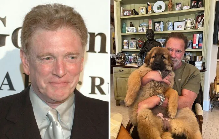 Two images showing celebrities, one at an event and one holding a large dog, illustrating unexpected matches of celebrities with birthdays.