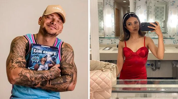 Male celebrity with tattoos hugging an album and female celebrity in red dress taking a mirror selfie showing celebrity birthday matches.