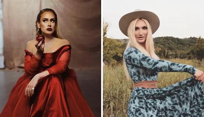 Two elegant celebrities posing separately, showcasing unexpected matches of celebrities with the same birthday style and charm.