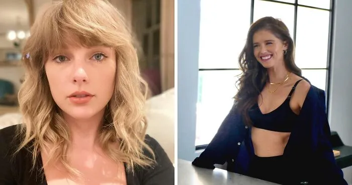 Two female celebrities with the same birthday, one with blonde hair indoors and the other smiling by a window in black attire.