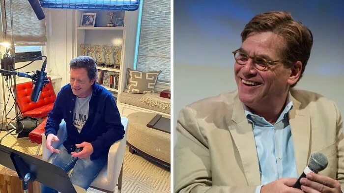 Two celebrities with the same birthday, one speaking into a microphone and the other holding a mic and smiling.