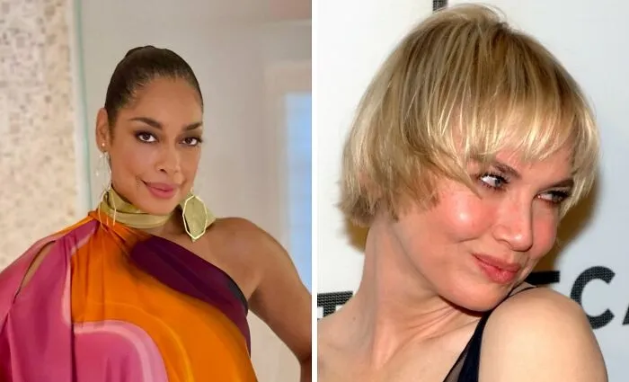Two celebrities posing side by side, showcasing unexpected matches of celebrities with the same birthday in colorful attire.