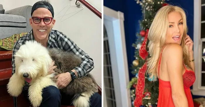Man wearing glasses and cap holding a large dog, next to a woman in red dress posing by a decorated Christmas tree, celebrity birthday matches.