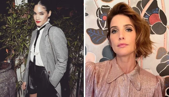 Two stylish celebrities posing, highlighting unexpected matches of celebrities with the same birthday in fashionable attire.