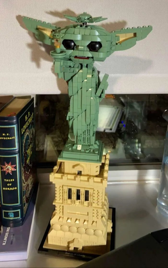 LEGO build of Statue of Liberty blending Baby Yoda head and figure, showcasing incredible LEGO art and creativity.