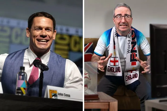 John Cena smiling at a panel event, and a man wearing an England scarf watching TV, showcasing celebrity birthday matches.