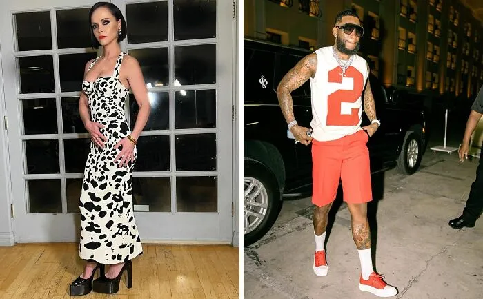 Two celebrities with the same birthday, one wearing a black and white dress, the other in red shorts and a white tank top.
