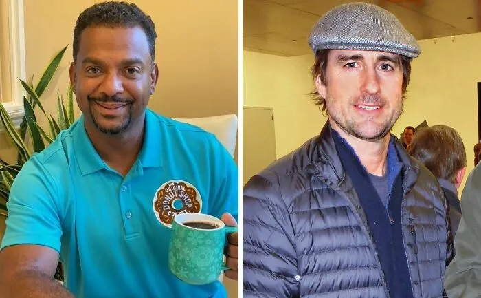 Two celebrities with the same birthday, one holding a coffee mug and the other wearing a flat cap and jacket.