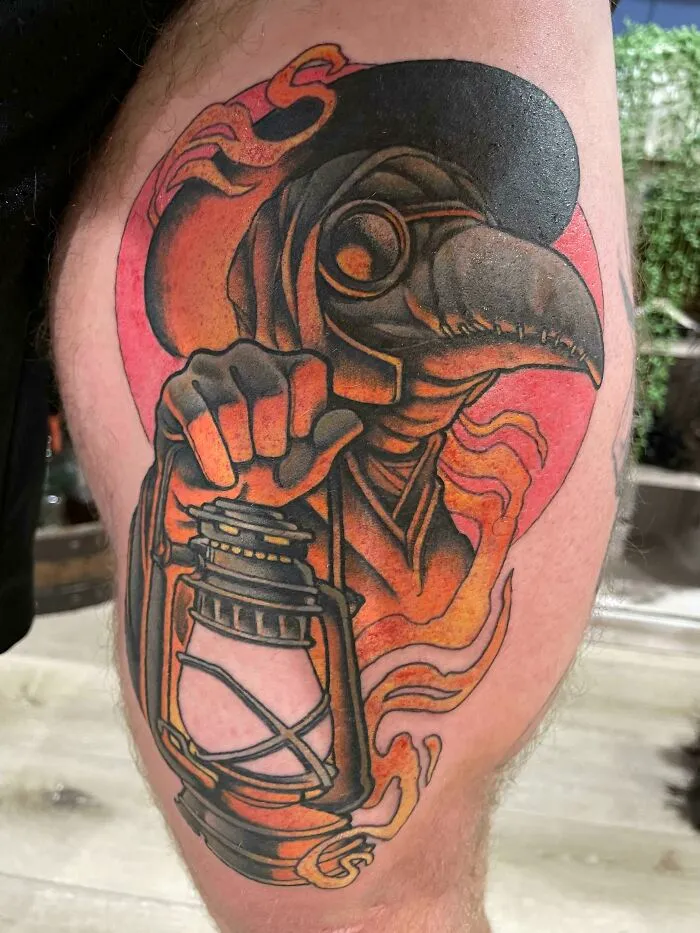 Colorful upper leg tattoo of a plague doctor, featuring trippy designs with vibrant colors and dynamic lines.