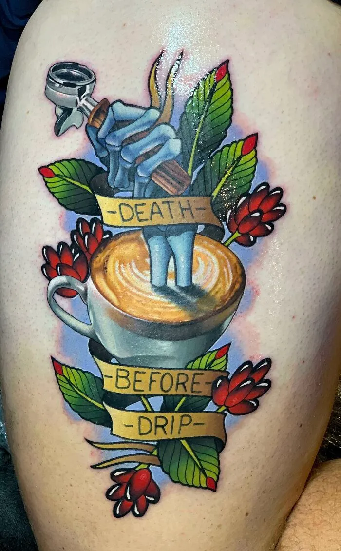 Trippy tattoo with colorful espresso, skull hand, and flower design.