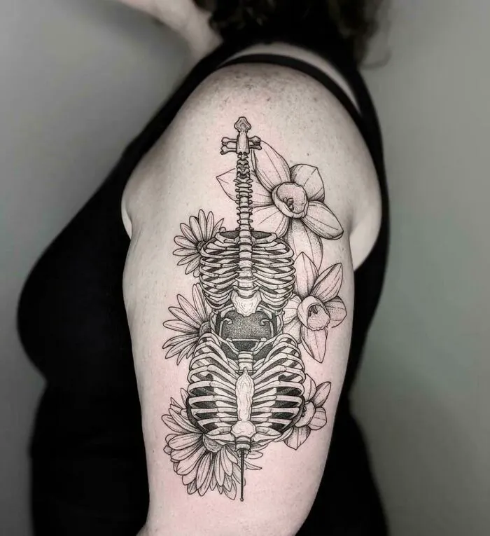 Bone Cello With Daisies And Daffodils