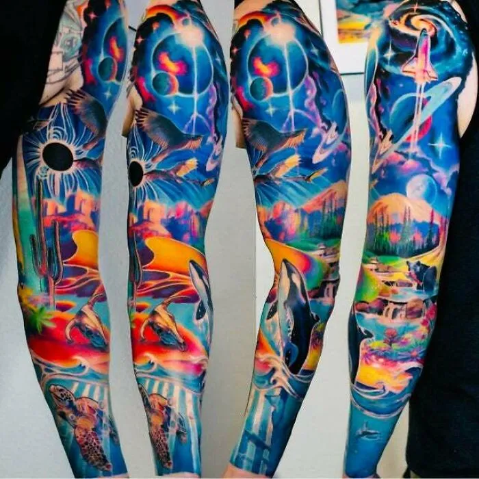 Colorful psychedelic art tattoos featuring space, wildlife, and surreal landscapes.