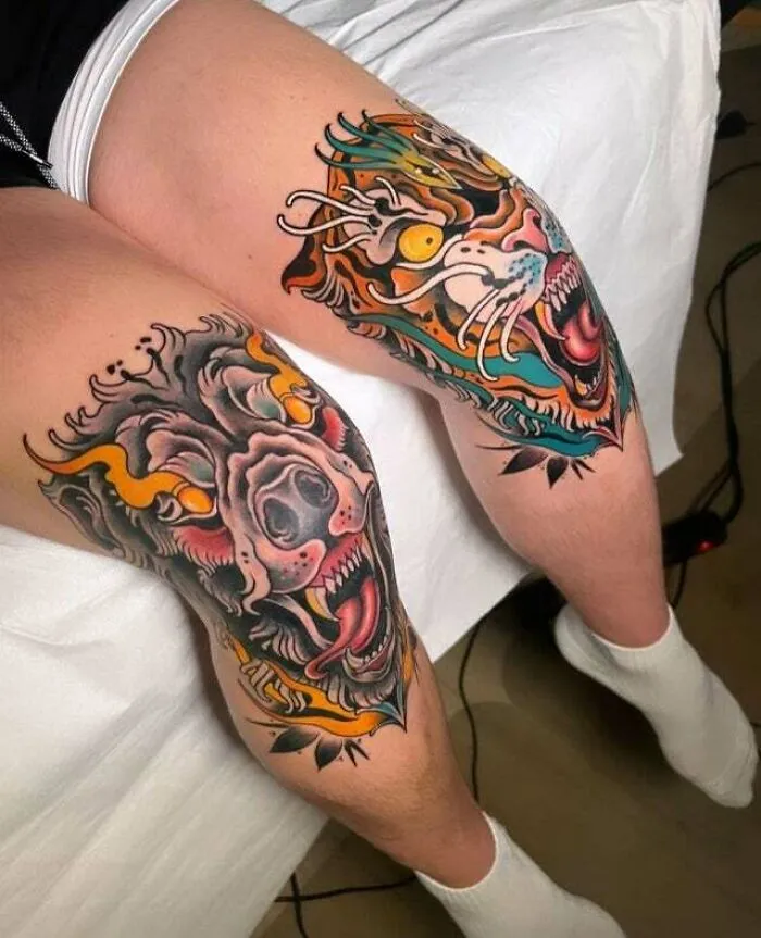 Trippy knee tattoos of tiger and bear in vibrant colors.