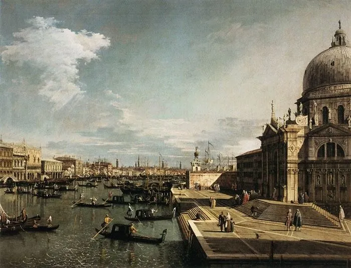 Landscape painting of a Venetian canal scene with gondolas and historic architecture in the background.
