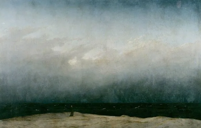 Landscape painting of a solitary figure on a dune under a cloudy sky by a world-famous artist.