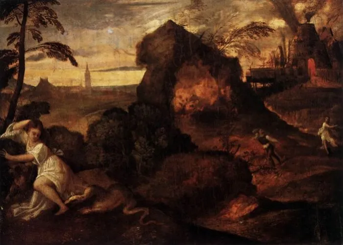 Landscape painting depicting a dramatic scene with figures and a mountainous background at sunset.