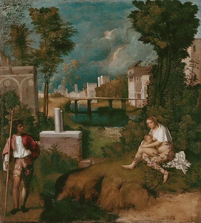 Landscape painting with figures by a river, showcasing architectural and natural elements, exemplifying famous painters' work.