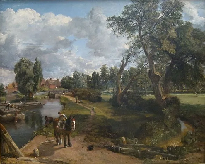 Landscape painting depicting a serene countryside with trees, river, and a person with a horse, created by a world-famous painter.
