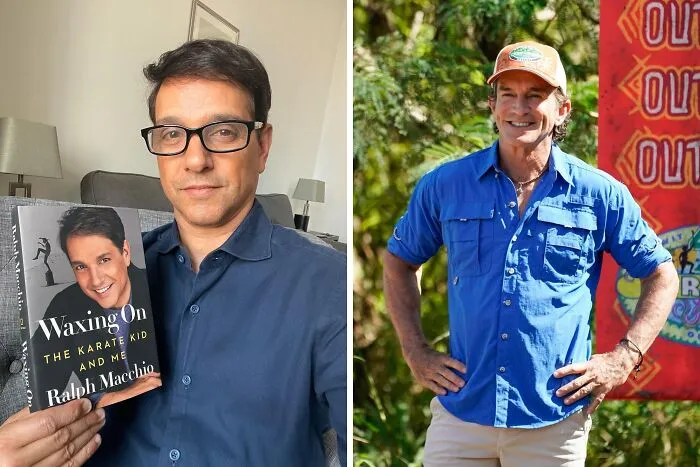 Ralph Macchio holding a book and a man in blue shirt standing outdoors, showcasing celebrities with the same birthday.
