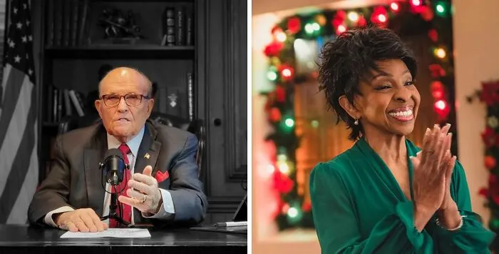 Side-by-side images of two celebrities, one speaking at a desk and the other smiling with holiday decorations behind.