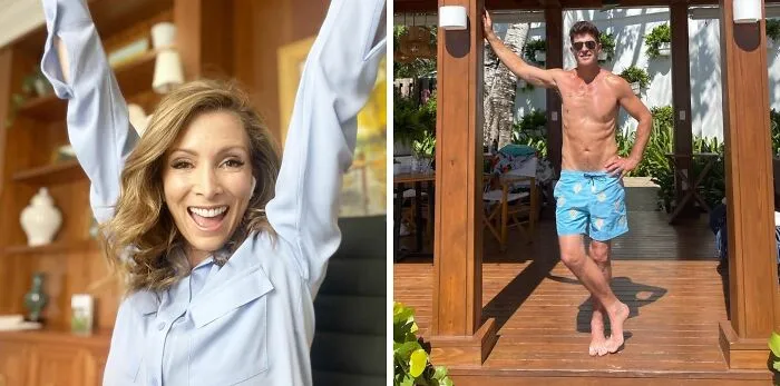 Two joyful celebrities celebrating together, highlighting unexpected matches of celebrities with the same birthday in vibrant settings.