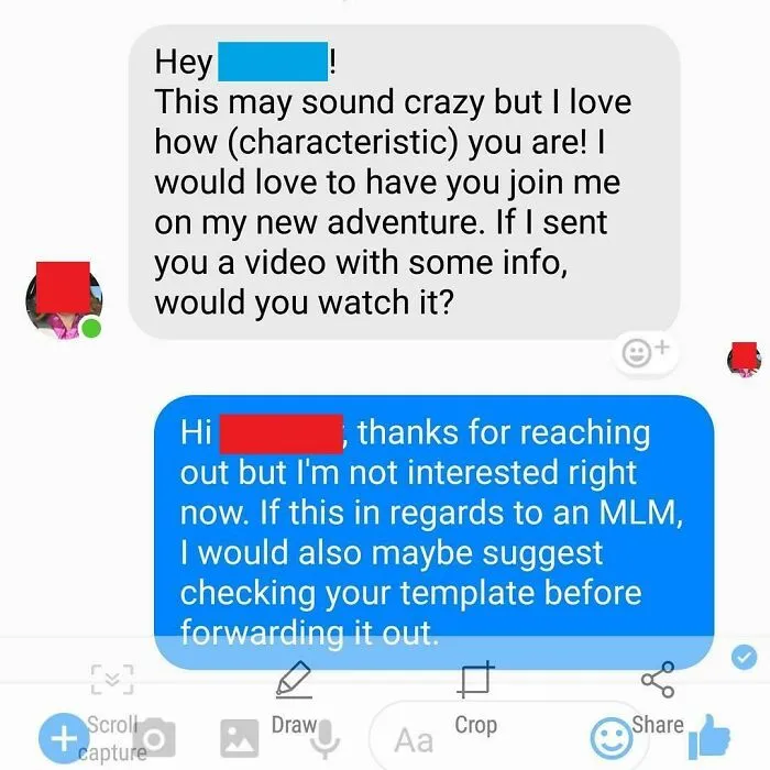 Embarrassing message exchange highlighting a template error in a recruitment pitch.
