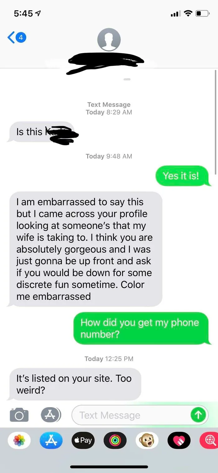 Embarrassing text message exchange showing unsolicited, awkward compliments and inquiry about a phone number.