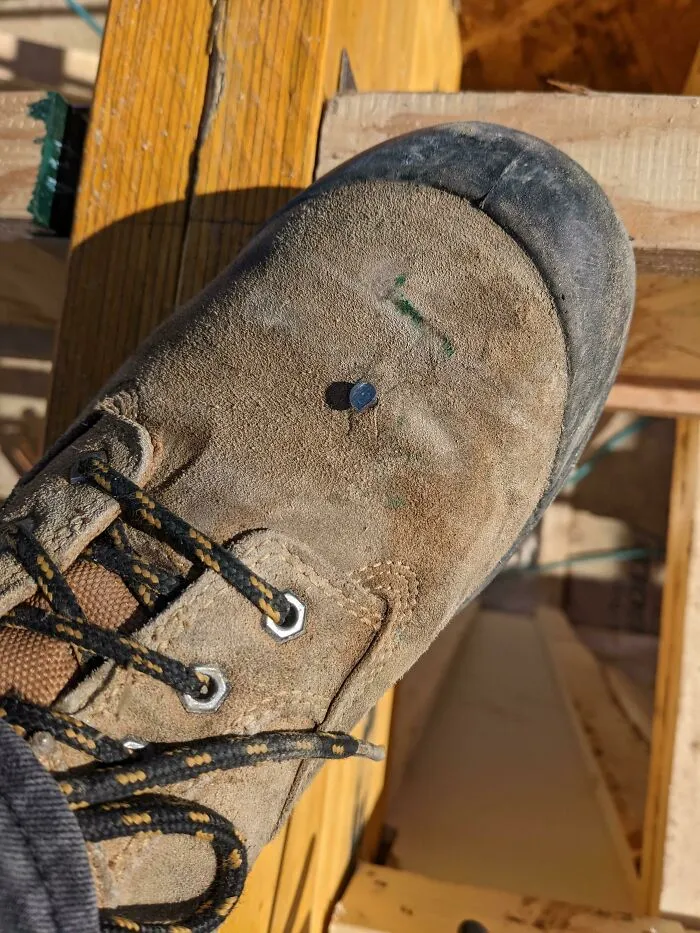 Tripped And Shot My Boot With A 3 1/2" Framing Nail. Went Between My Toes Leaving Just A Minor Scratch