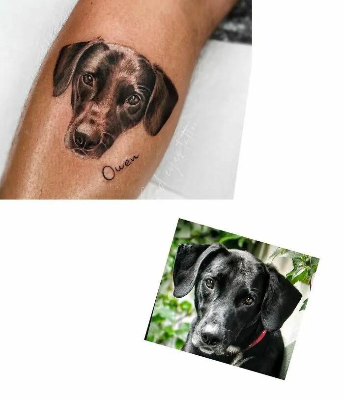 Pet tattoo of a black dog's face on a person's leg, showcasing the bond between humans and pets.