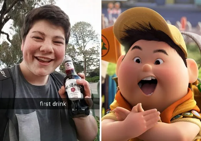 Russel From Up and similar looking boy with a beer bottle 
