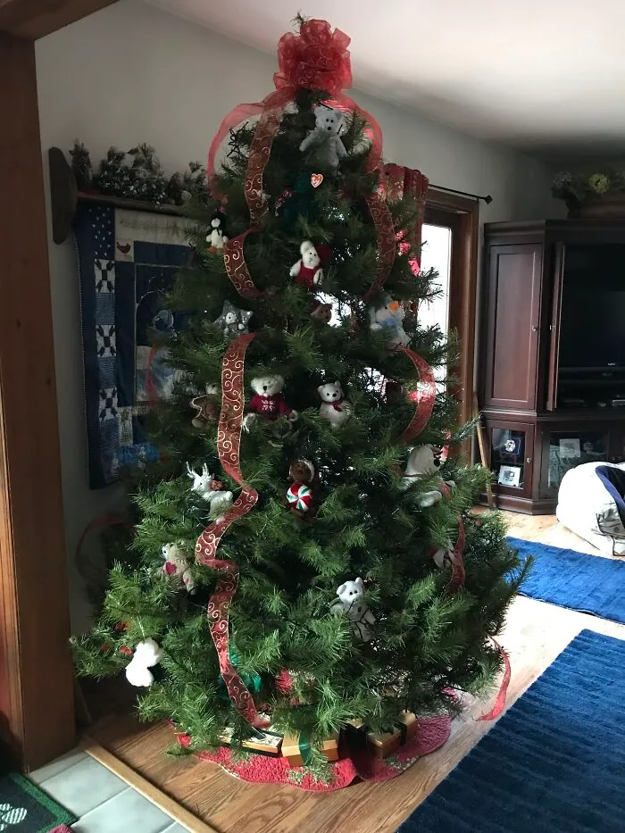 Decorated With  Boyd’s Bears And Beanie Babies. My Lab Has Vestibular Disease Which Makes Her Stumble. So If The Tree Falls On Her, She’ll Just Be Surrounded By Stuffed Animals :)