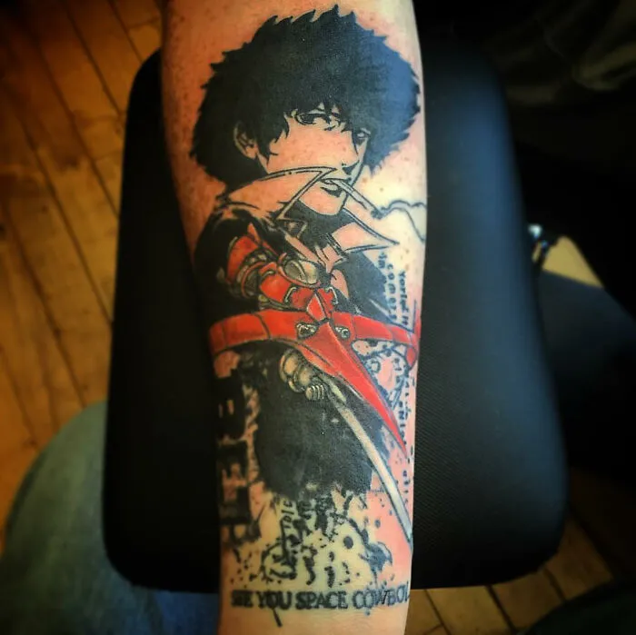 Cartoon tattoo of an animated character inspired by a popular show, featuring dynamic colors and detailed design.
