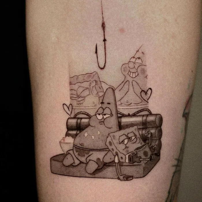 Tattoo of SpongeBob and Patrick enjoying a snack, perfect for nostalgic cartoon lovers.