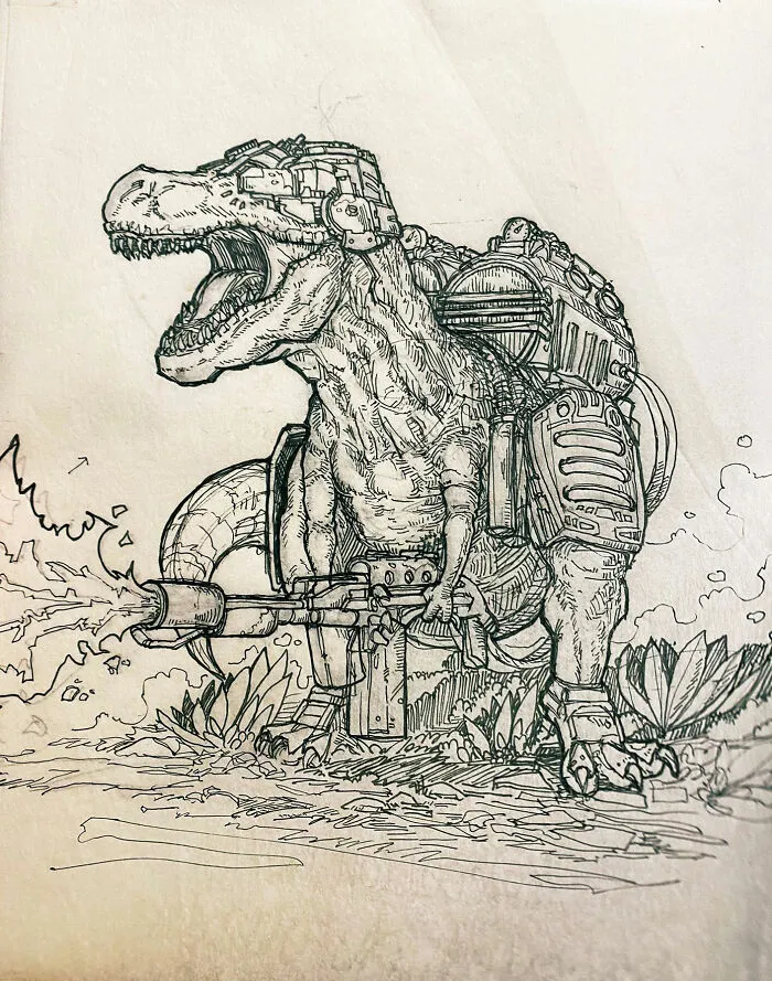 "Complete This Image In A Way That Proves You Won’t Be Replaced By AI": 30 People Finish A T-Rex Sketch In A Way AI Wouldn't