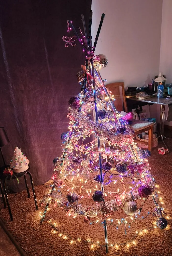 Our "Tree-Pee" (Christmas Tree & Teepee Combined)...something I Thought Up A Couple Years Ago To Honor Our Native American Ancestors.  My Xmas Eve Baby Turned 7 Yrs Old This Year & Did Very Well On The Ornaments, I Must Say