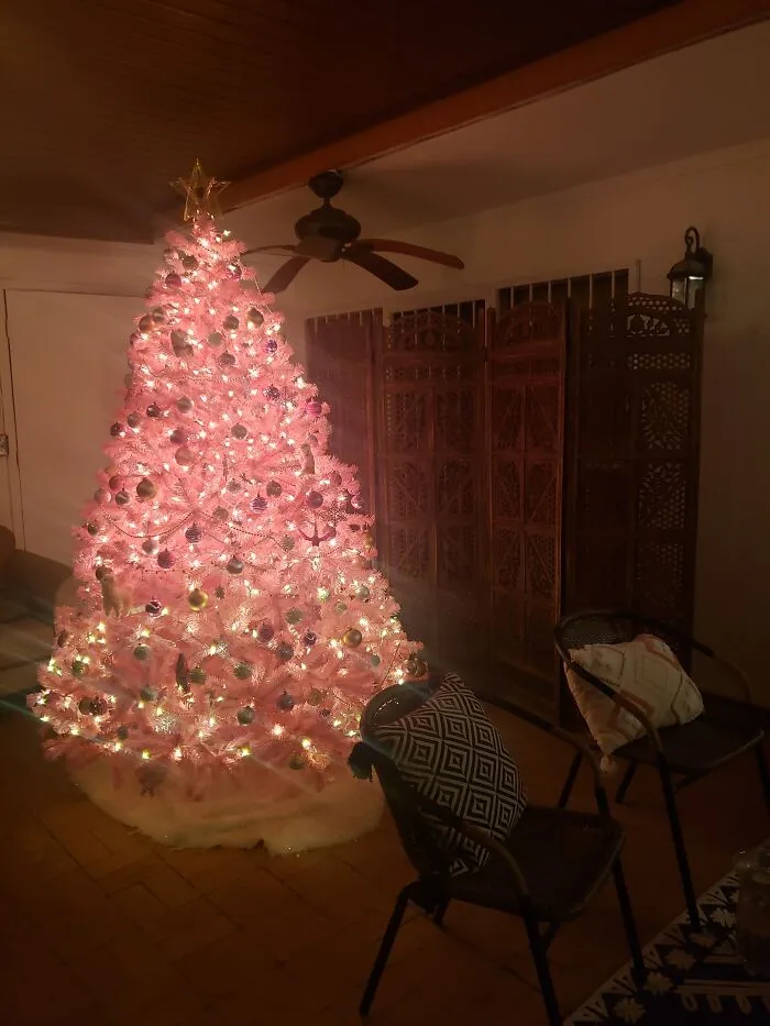First Year Putting The Pink Christmas Tree Outside Under The Patio So The Cats Can't Get To It