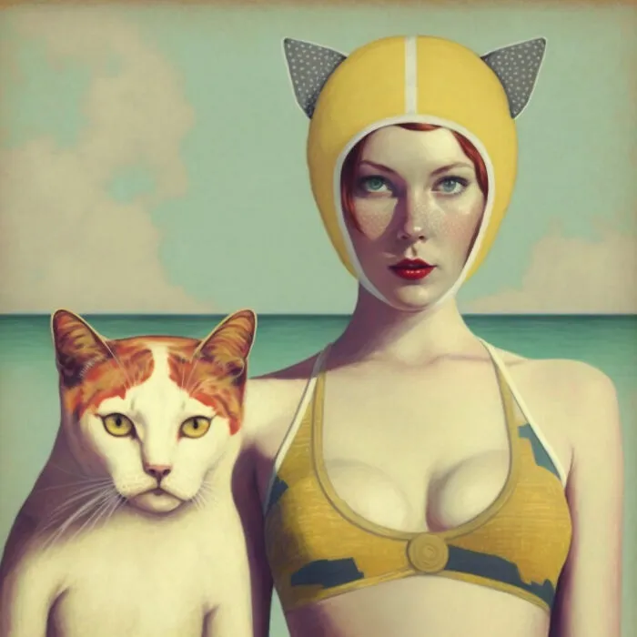 A Pretty Lady And Her Cat At The Beach