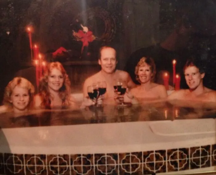 My Parents Just Got A Hot Tub And Were Very Excited About It. For Some Reason They Posed With Wine And Candles Even Though The Children Were Not Old Enough To Drink